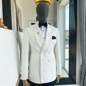 A monochrome, knitted, hand-woven aso-oke, matching bead layering tuxedo suit