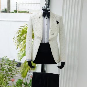 A Charcoal Black Square-Patterned Jacquard Shawl Lapel Tuxedo Sui