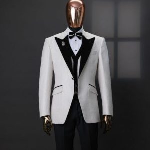 An Ivory White Square Pattern Jacquard, Shawl Lapel Tuxedo Suit