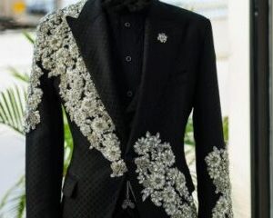 A Charcoal black, hand “Ide” silver metal wire embrodery, right-hand sache safari suit